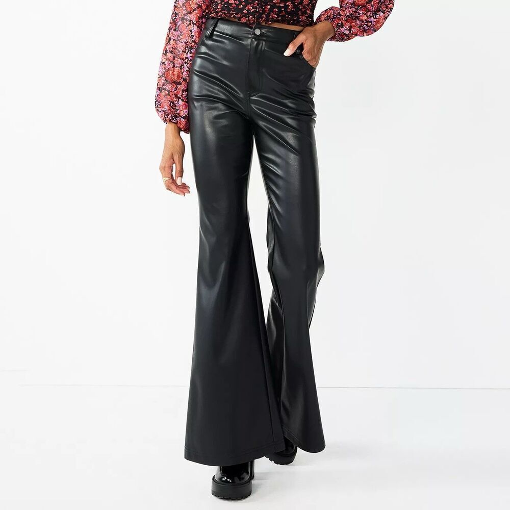 NWT Size 9 SO Black Faux Leather High Rise Flare Bell Bottom Pants Chic Goth 70s